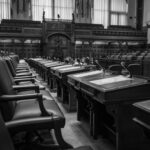 Black and white photo of a traditional legislative assembly chamber, featuring empty seats and desks.