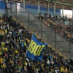 Excited football fans cheering with a prominent flag in a crowded stadium.