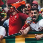 Passionate Portuguese soccer fans celebrating outdoors with flags and face paint.