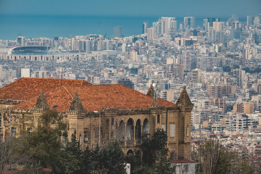 Aerial view of Beirut's cityscape featuring historic architecture and urban skyline.