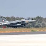 Tejas fighter jet taxiing on runway at Yelahanka Air Force Station, Bengaluru, India.