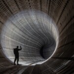 Silhouette of a person exploring a vast, curved industrial tunnel with dramatic lighting.