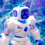 High-tech humanoid robot with LED face display, showcasing modern robotics and innovation.