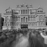 Crowd gathers at a grand Durga Puja pandal in Kolkata, India.